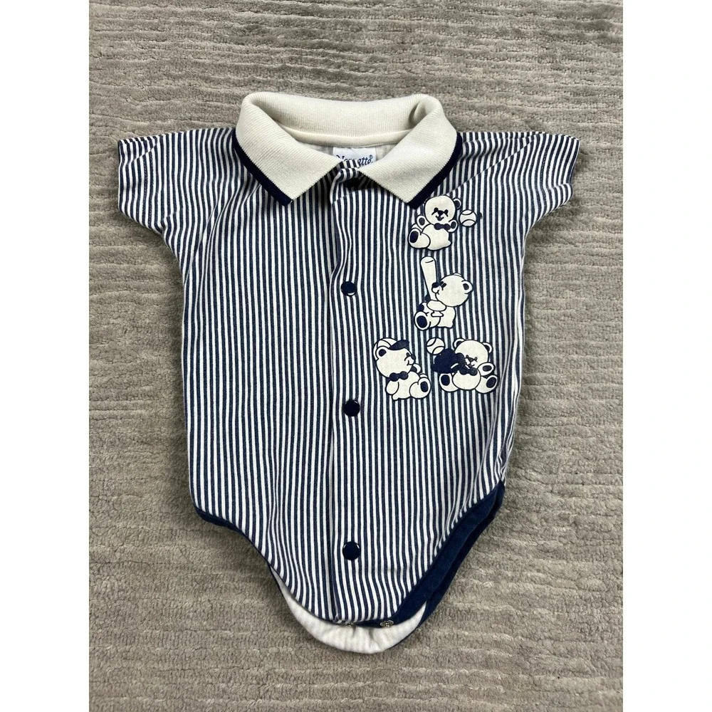 Nannette‎ Polo Bodysuit Baby Boy 3/6M Navy White Stripe Baseball Teddy Bear